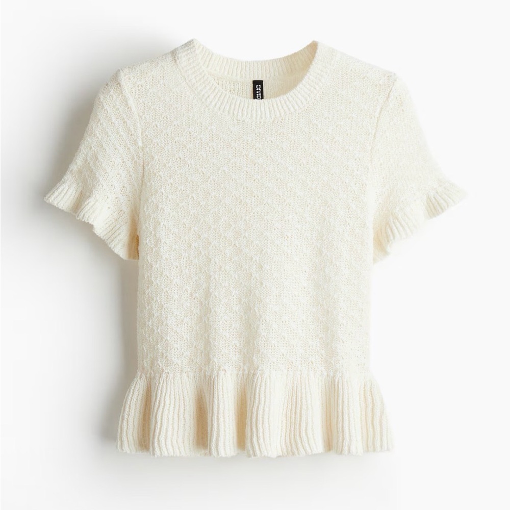 H&M Divided RUFFLE-TRIMMED POINTELLE-KNIT TOP size Small